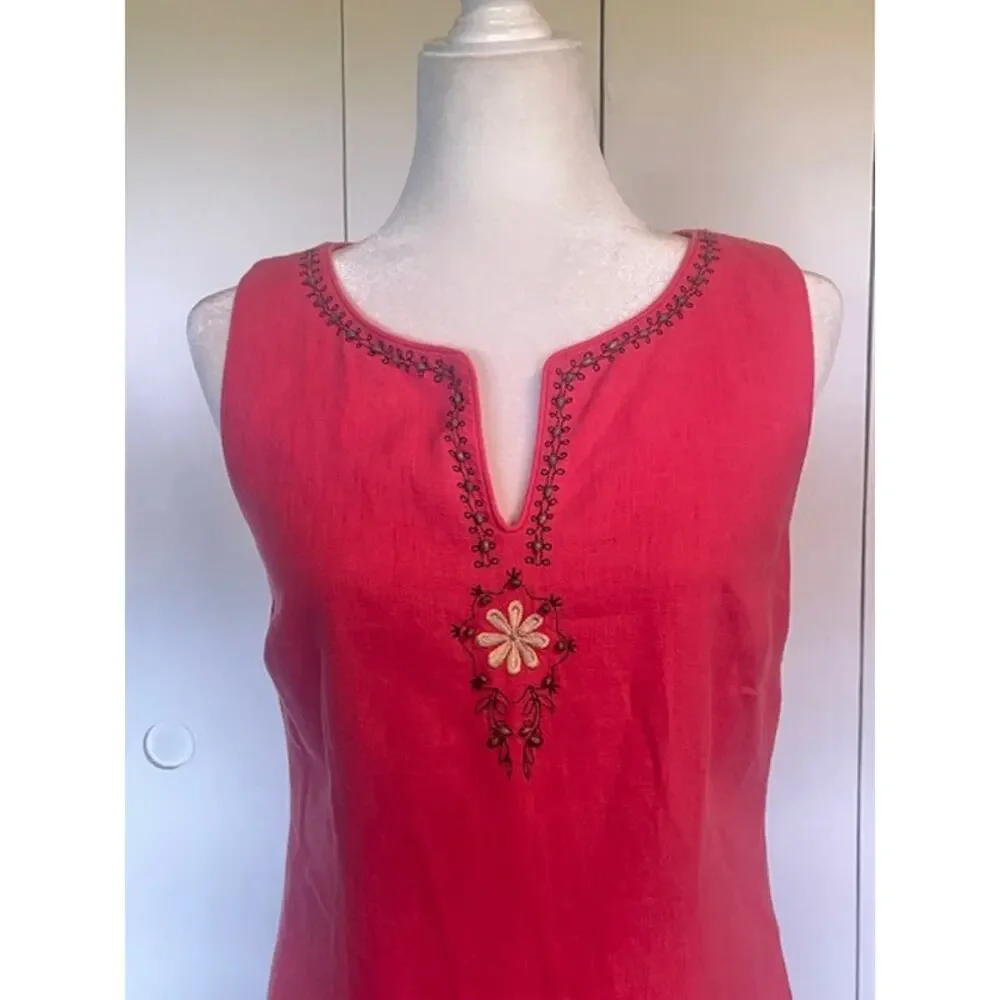 Sag Harbor Women Size 8 Sleeveless Linen Dress Fuschia‎ Pink w/ Embroidery